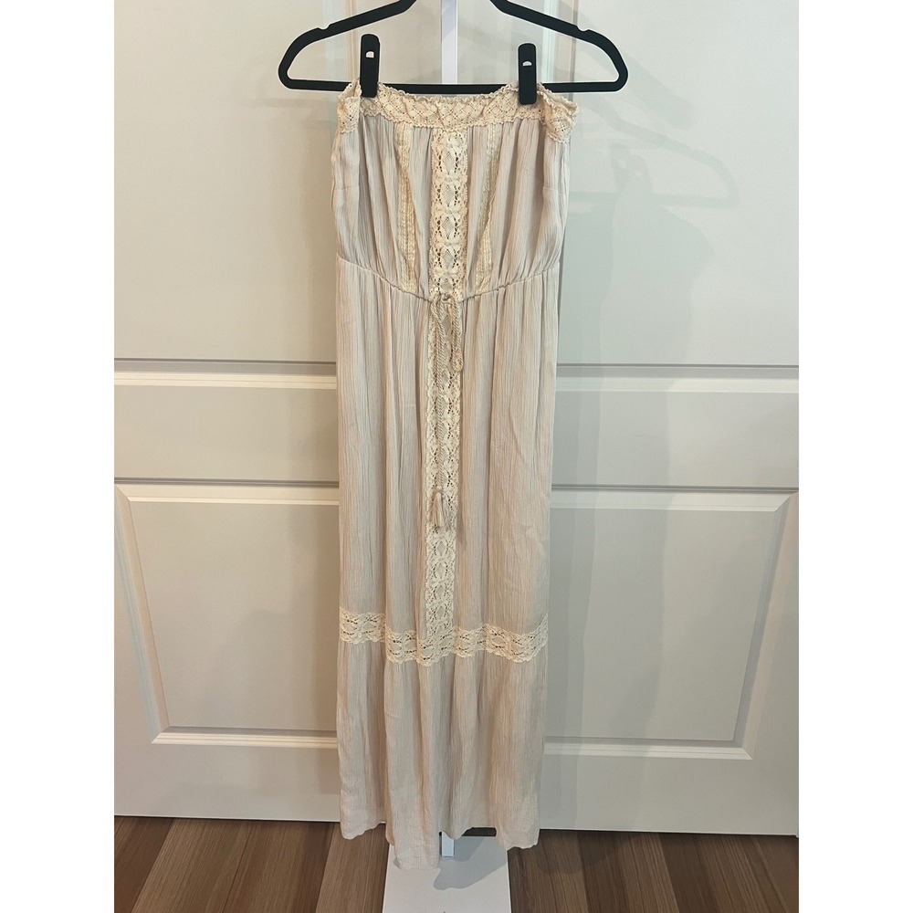 Flying Tomato Beige Strapless Crochet Lace Trim Boho Maxi Dress M